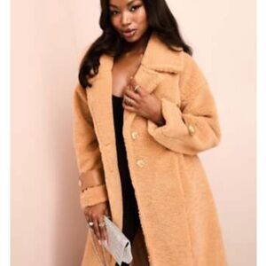 ASOS LUXE borg longline trench coat with ruched waist in camel NWOT!